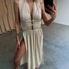 Vacation Beach Summer Maxi Dress Bohemian Style Deep V Neck Sleeveless Hollow Out Pleated Split Lace-up Belted Waist Long Dress