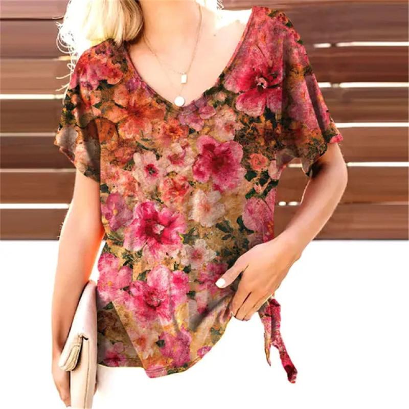 

Полиэстер Хип-хоп Продвинутый дизайн Цветочный принт Летняя женская футболка с коротким рукавом Повседневный винтажный свитер Harajuku Женский 2XL