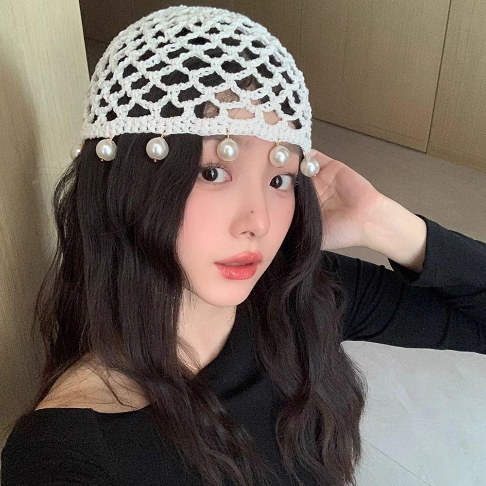 Round Beads Crochet Hollow Tassels Knitted Hat Hollow Out Ethnic Style Hat Knit Beanies  Girls