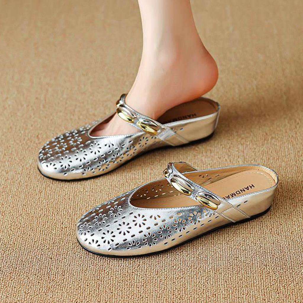 Krazing Pot Cow Skin Mules Round Toe Size 42 Low Heels Slip on Light Shoes Increased Hollow Style Autumn Pumps