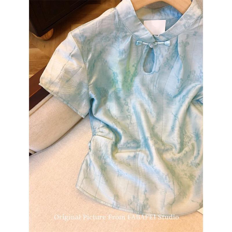 Blue Jacquard Button Short-sleeved Shirt Women's Summer New Daily Wear Cheongsam Collar Small Top
