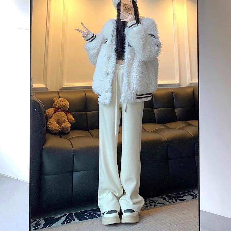 Creamy white floor-length casual pants for women, spring, autumn, and winter, wide-leg pants with draped drape, petite fleece-lined straight-leg