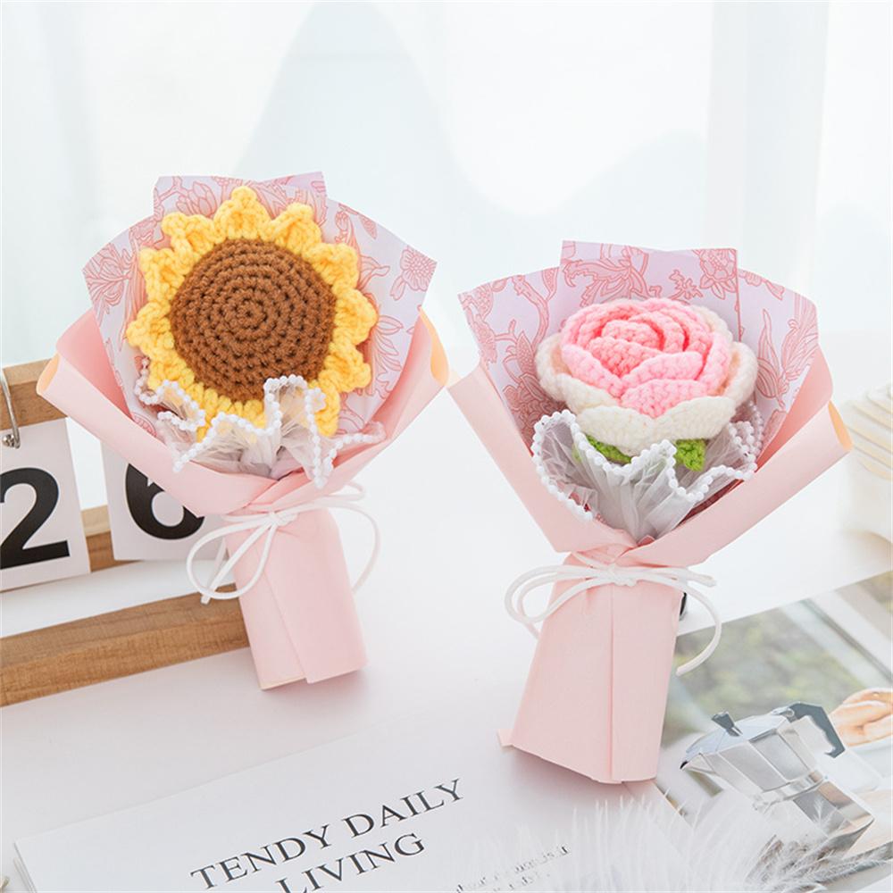 Single Woolen Knitted Flower Bouquets Rose Puff Sunflower Crochet Fake Flowers Small Home Decor Valentine's Day Gifts