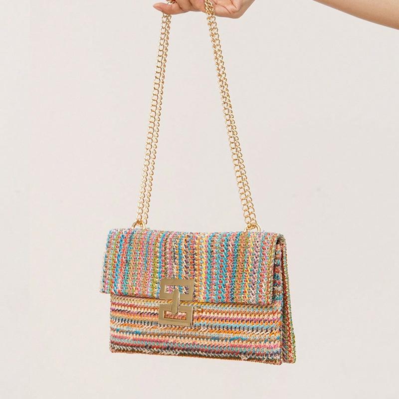New Vacation Style Multi Layered Chain Flip Lock Straw Woven Bag Shoulder Bag