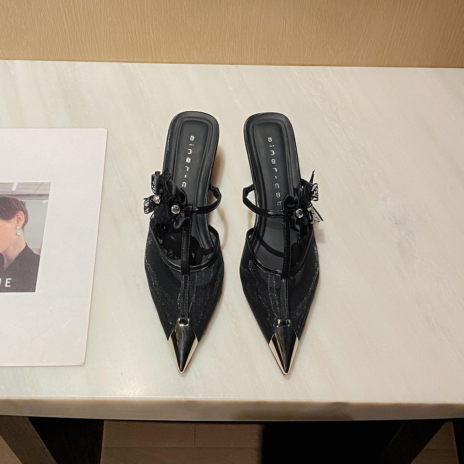 

59016 high-heeled slippers women s thick heel 2025 new bag head mesh sandals pointed bow light mouth single shoes 34