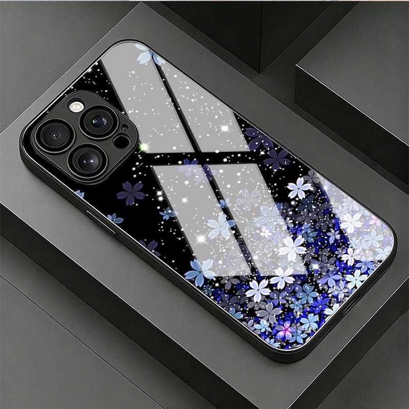 Starry Sky Blue Purple Floral Tempered Glass Phone Case For Samsung Galaxy S26 Ultra S25 S24 Ultra Plus 5G S23 FE Protect Cover