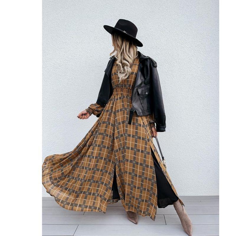 Dress European and American Style Grid Slim Long Sleeve Dress