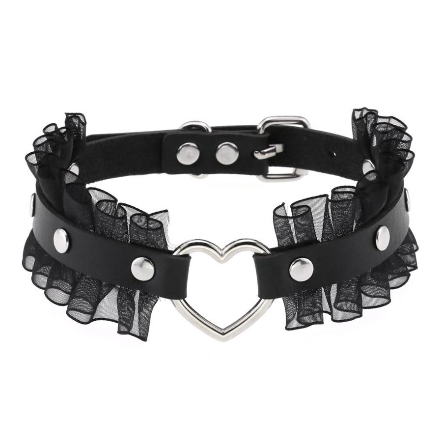 Neue Sexy Spitze Harajuku PU Leder Kette Herz Anhänger Halsketten Frauen Punk Hals Gothic Schwarze Rosa Choker Halskette Cooler Kragen