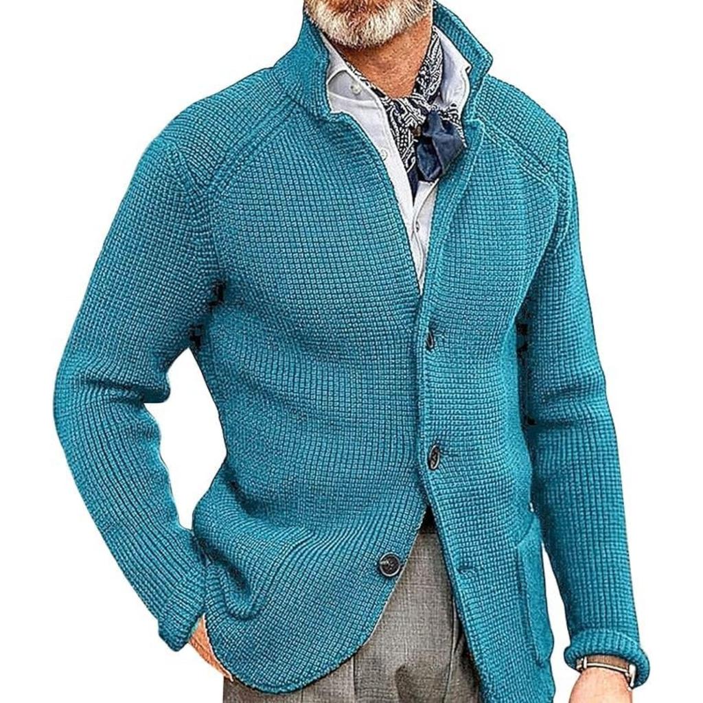 Men's Casual And Trendy Solid-color Warm Sweater Jacket, Men's Long-sleeved Button-up Stand-up Neck Knitted Sweater