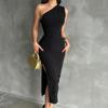 Ladies' Slanted Shoulder Slit Sexy Temperament Slim Fit Long Dress