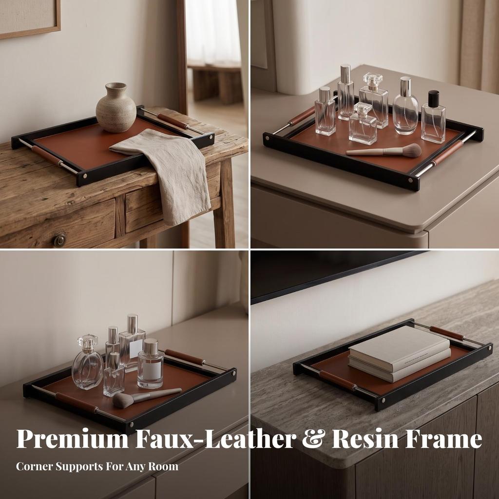 Serving Tray Elegant with Leather Handles Stylish for Entryway Organization