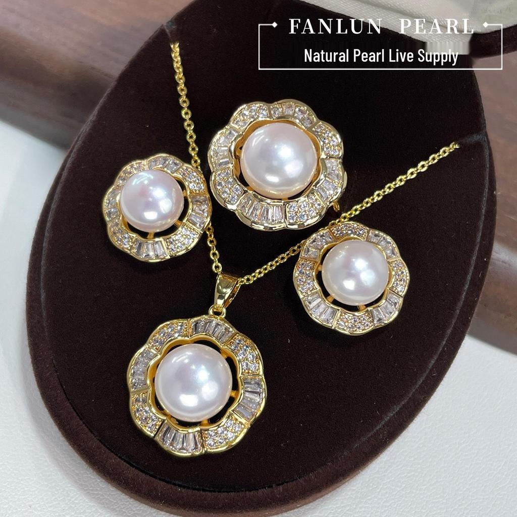 Luxuriöses Naturperlen- & Diamanten-Blumen-Trio: Ring, Ohrstecker & Anhänger (S925)