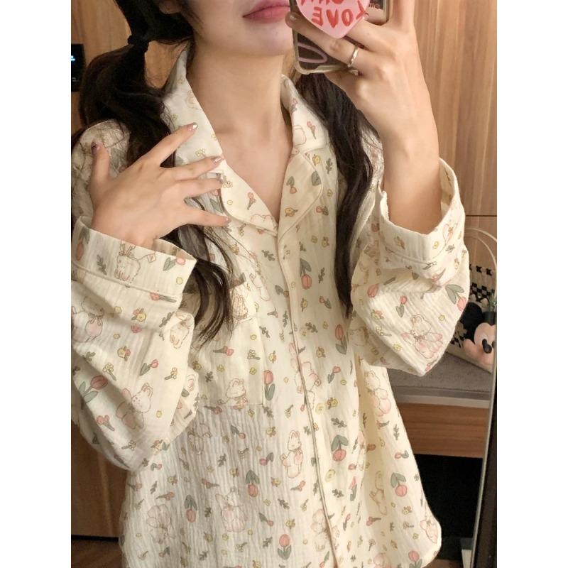 Women's Pajamas New Autumn Spring Long Sleeve Soft Sleepwear Set Grid Cartoon Pyjama Woman Home Nightwear Set Cardigan