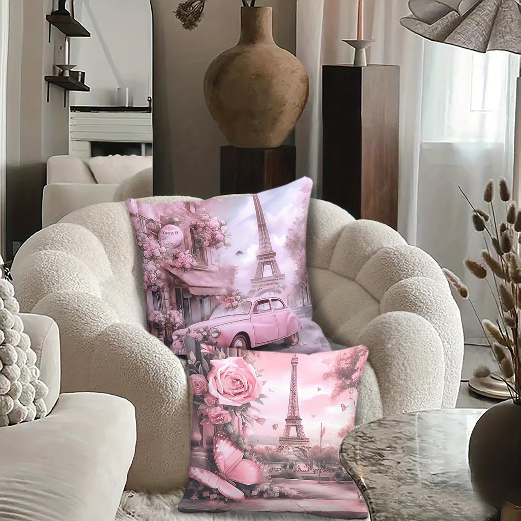 Blush Pink Paris Romantic Pillowcase - Eiffel Tower & Floral Car/Bike Print Pillow Cover for Sofa Bedroom Living Room