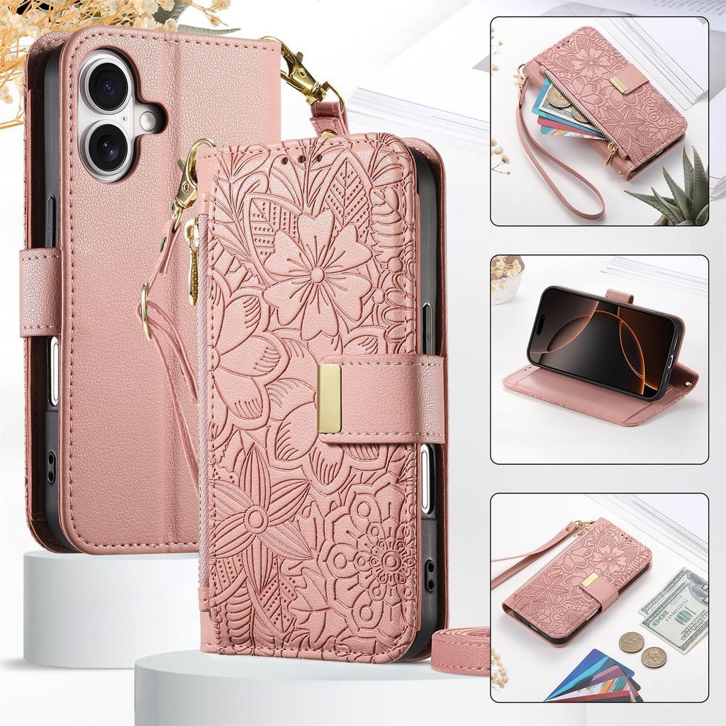 Zipper Crossbody Leather Wallet Card Slot Phone Case for IPhone 16E 16 Plus 15 14 13 12 Pro Max 17 Air Wrist Strap Funda Cover