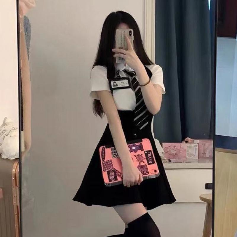 

Платье-футляр большого размера в стиле колледжа черного цвета с завязками на талии и белой рубашкой с длинными рукавами - комплект с короткой юбкой в стиле ранней осени Double Extra Large