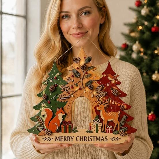 Winter Festive Home Decorations Christmas Wooden Sign Hanging Ornament, Multi-Layer Tree Wood Plaque Rustic Holiday Wall Decor with Rope, Merry