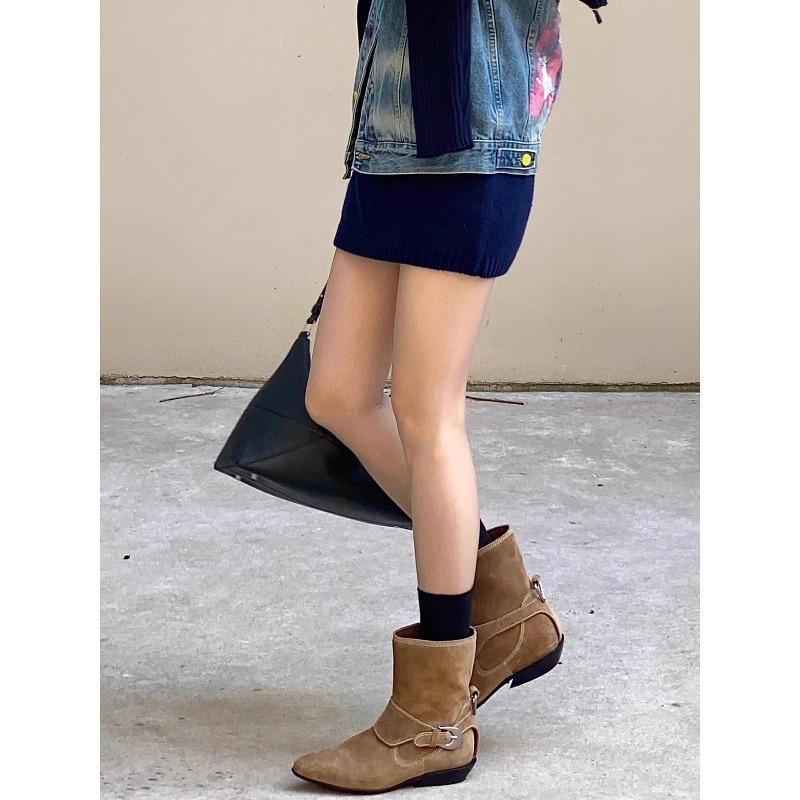 Cowhide version niche pointed short boots western cowboy boots women's thick heel belt buckle leather boots martin boots