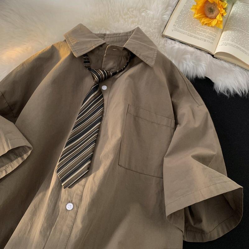 

Short-sleeved Tooling Shirt Men s Summer Tie Dk Uniform Shirt Ruffian Handsome High-end Fashion Brand Trend Couple College Style S