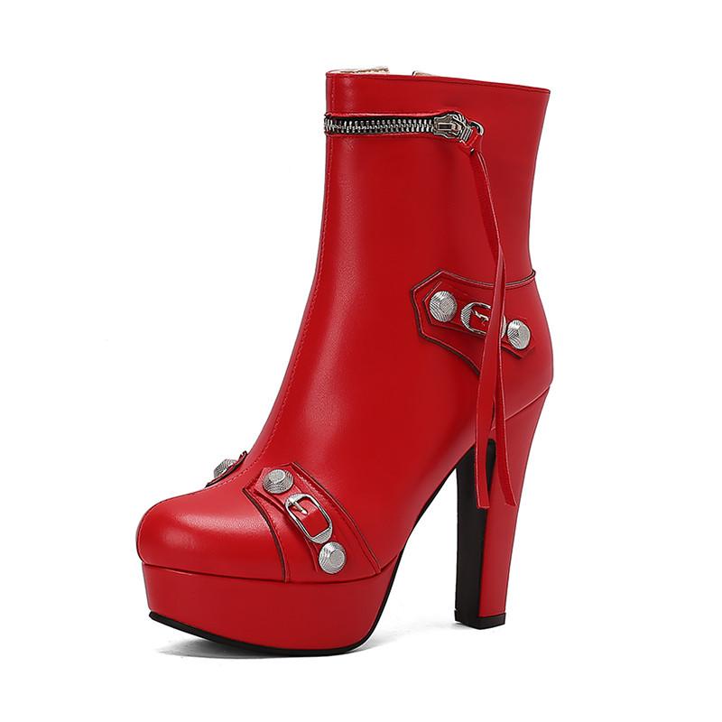 Женские ботильоны на высоком каблуке осень-зима новые в европейском стиле водонепроницаемые на толстом каблуке большие размеры римские сапоги 34 красный 5565₽