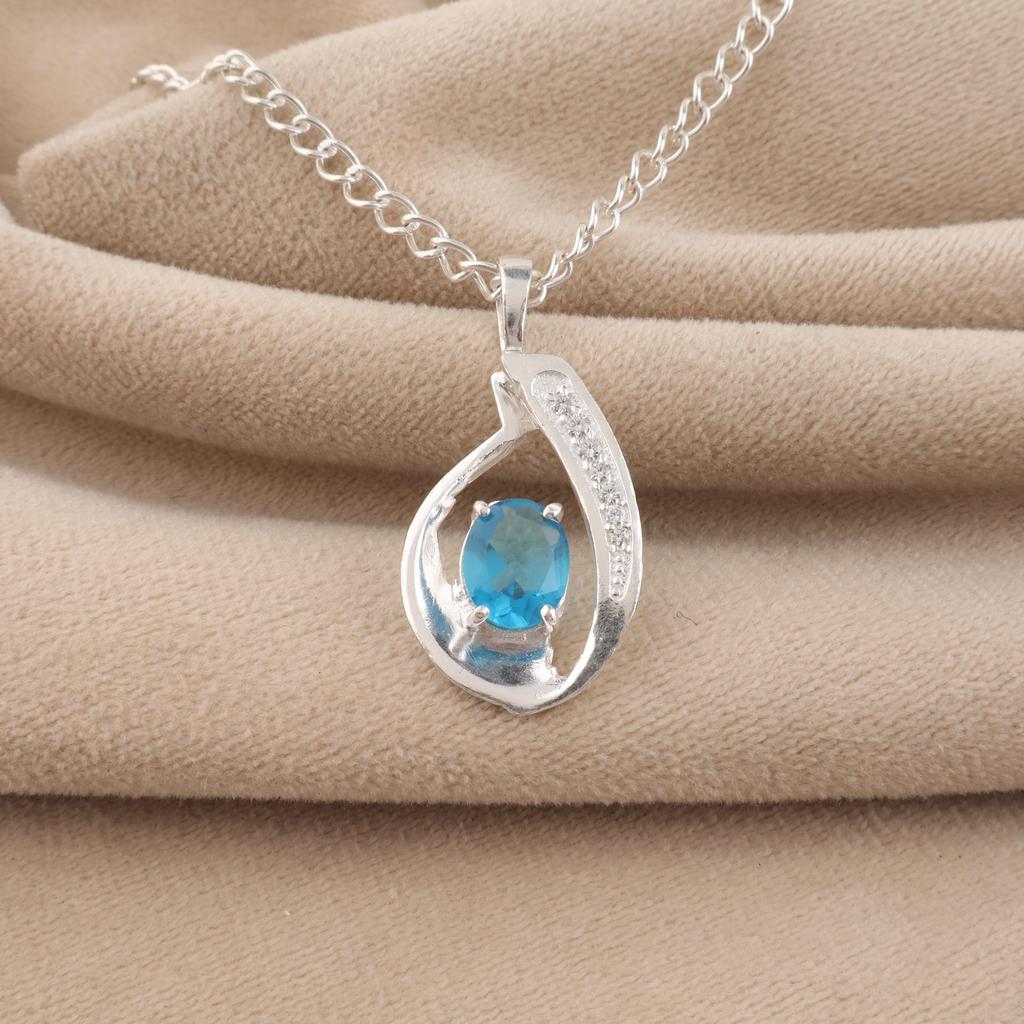 Swiss Blue Topaz Gemstone 925 Sterling Silver Women Jewelry Designer Zircon Pendant 1.4" For Birthday Gift CZP-16-12