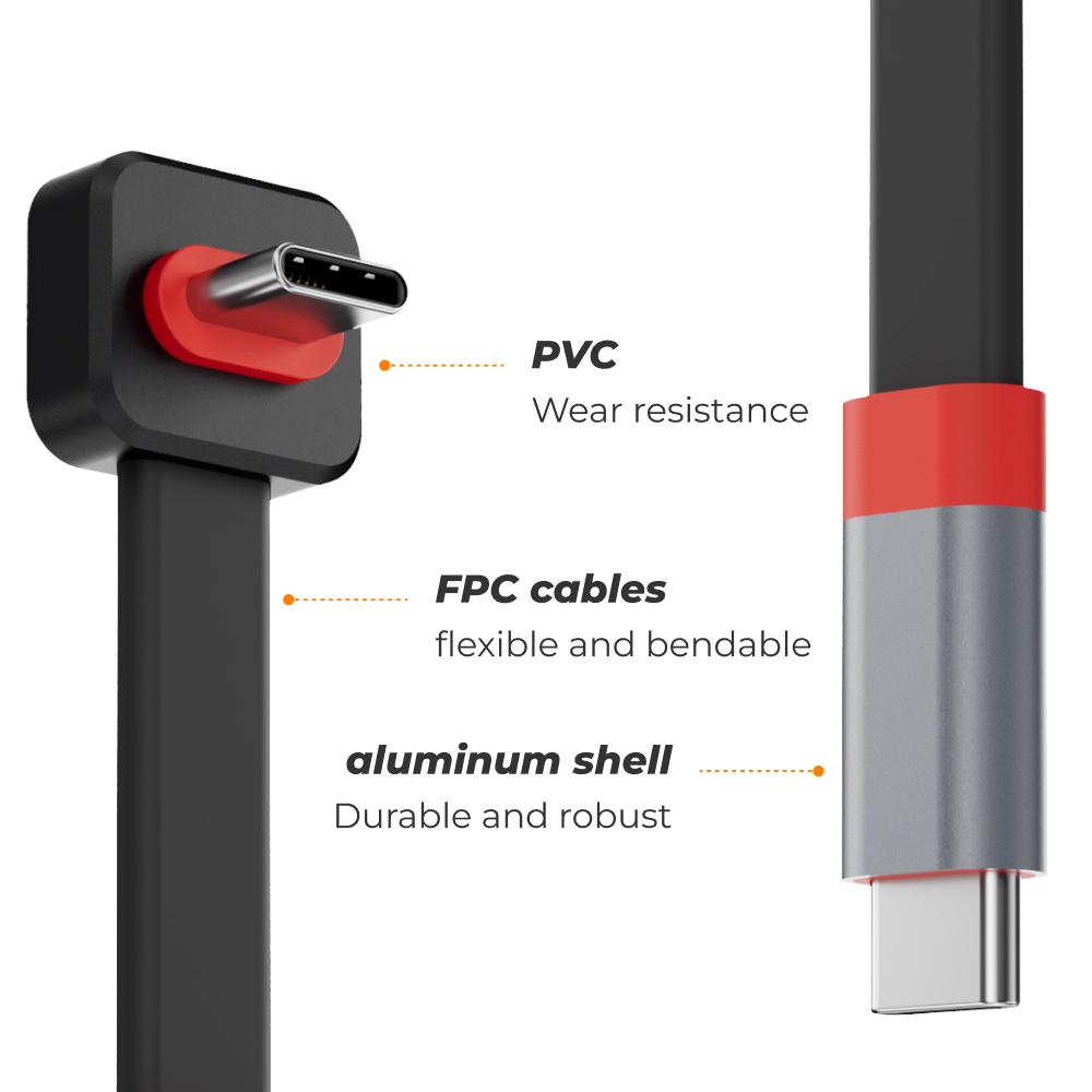 Câble d'extension FPC USB-C 60 mm à 90 degrés Alliage d'aluminium Double Blindage Mâle Femelle 10 Gbps Charge Rapide 3A Pliable Portable