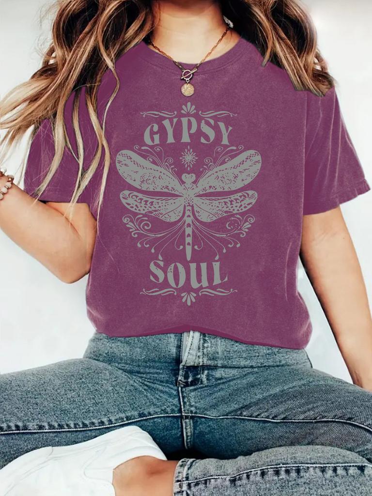 Women's New Cute Printed Short Sleeve Dragonfly Printed Round Neck Loose Short Sleeve