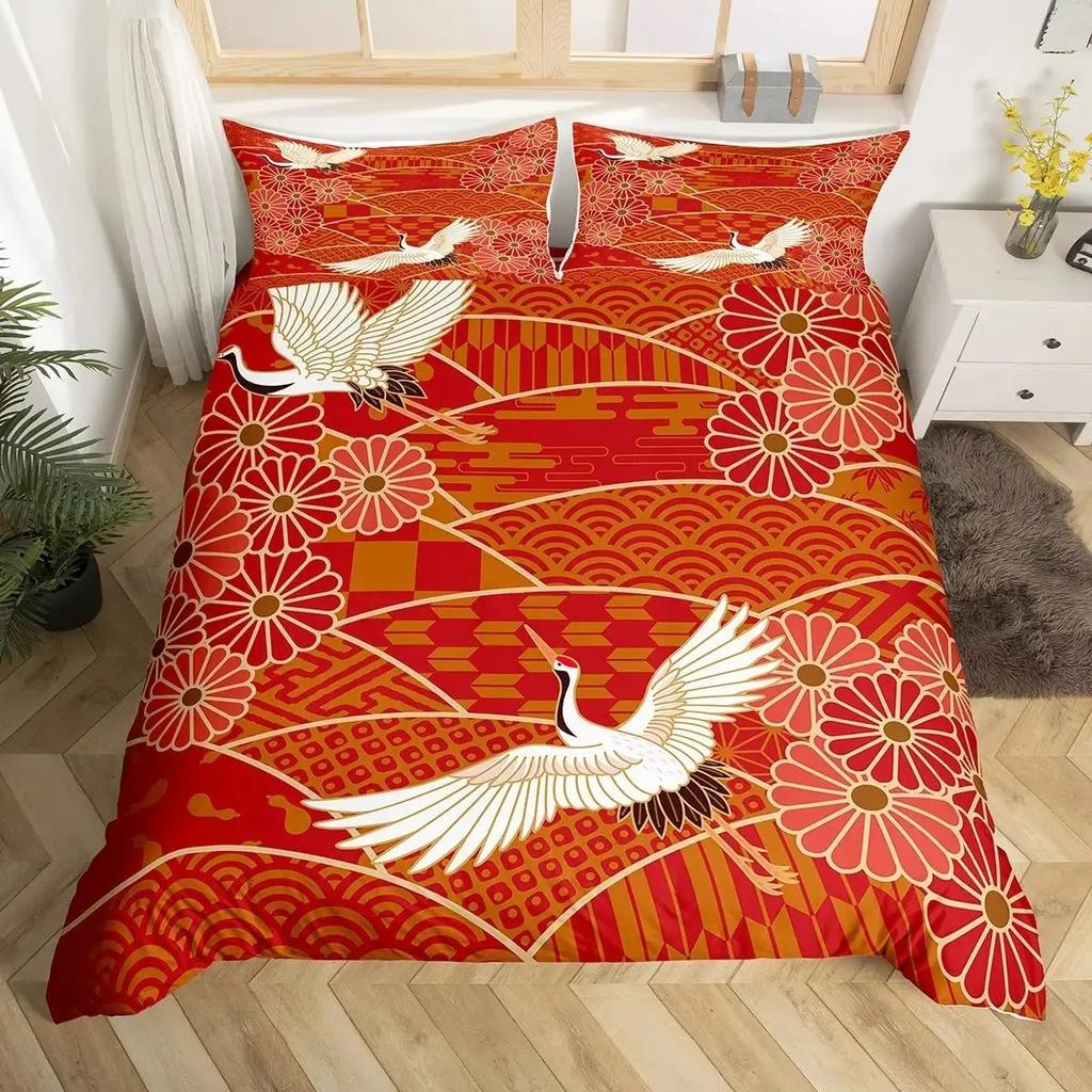 Japanese Style Crane Duvet Cover Set Full Size,Exotic Red Sun Sea Waves Bedding Sets,Vintage Ukiyoe Traditional Comforter Cover