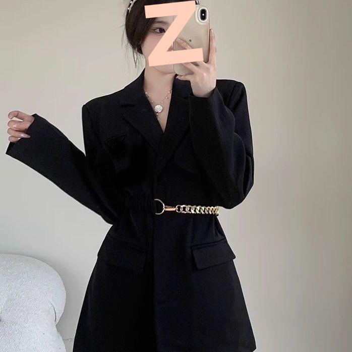

Женское черное платье-блейзер с поясом - Осенний французский стиль, Приталенное, Костюм с длинным рукавом S with Belt чёрный