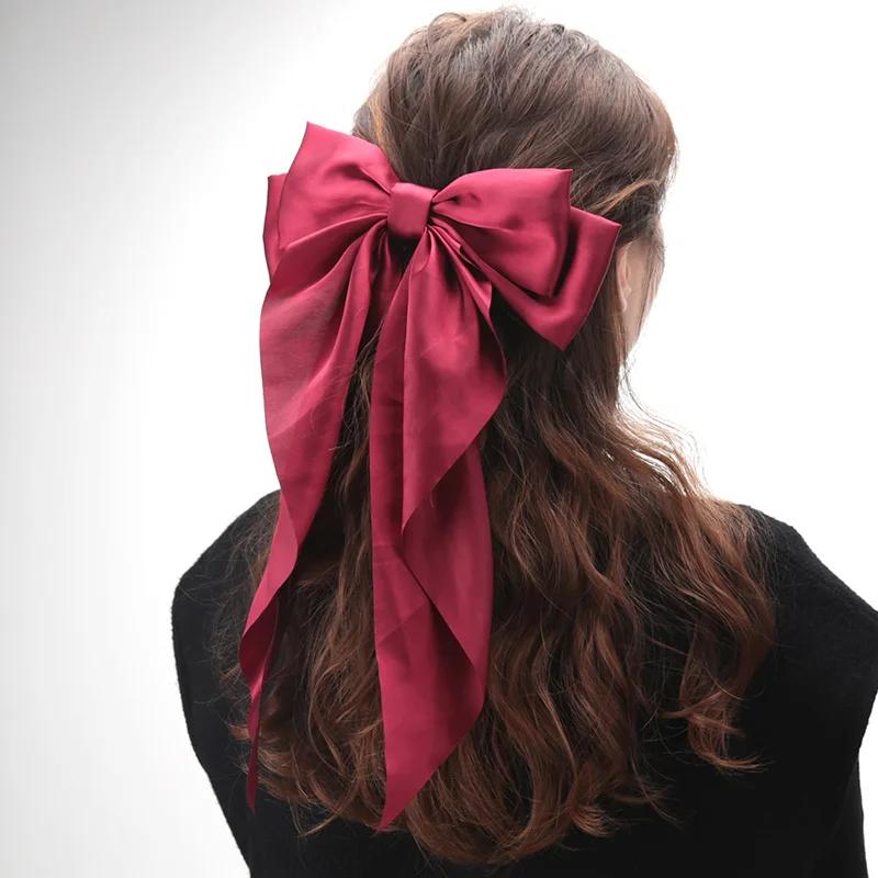 Elegant Women Bow Ribbon Hair Clip Fashion Simple Solid Satin Spring Clip Hair Pin Retro Headband Clips Girls Hair Accessories