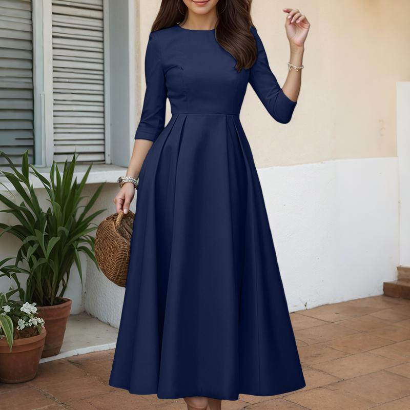 

ZANZEA Women Casual Round Neck Solid Color 3/4 Sleeve Long Dress S темно-синий