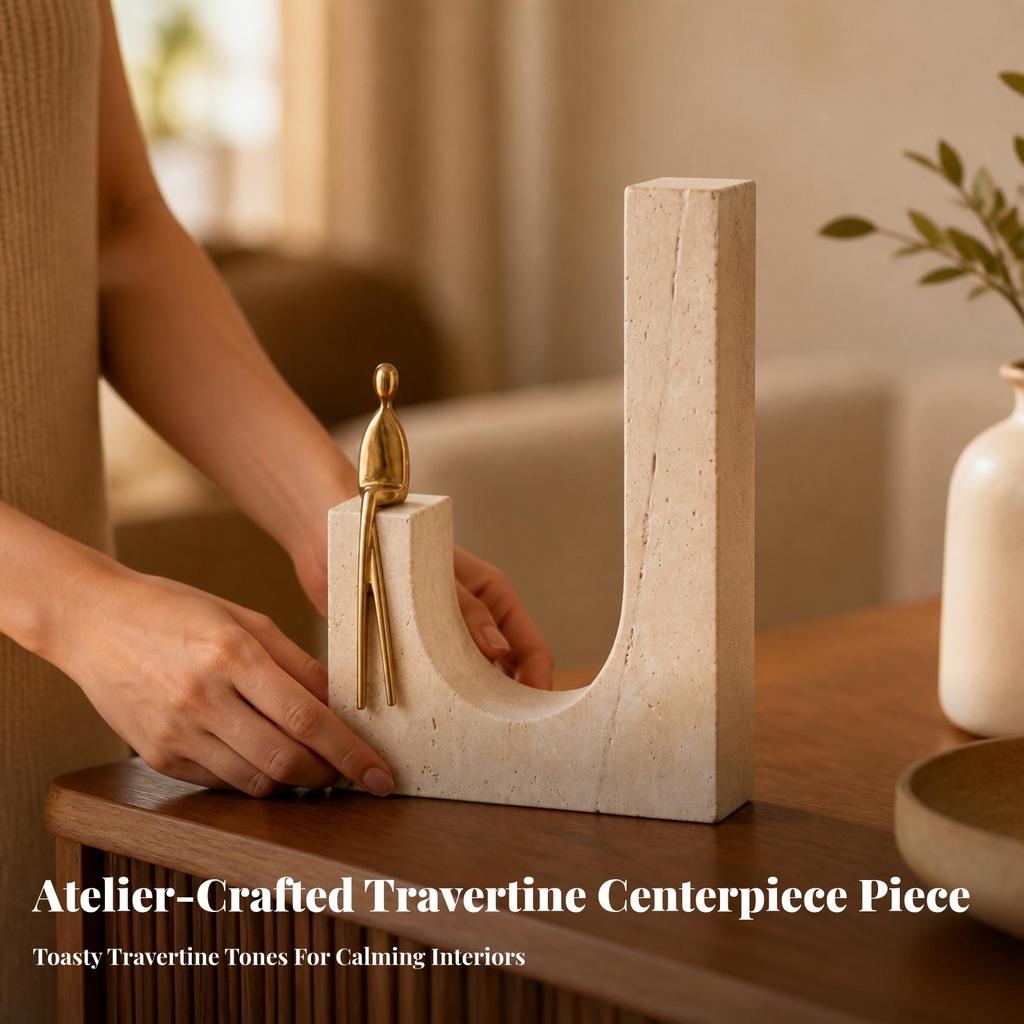Abstract Geometric Sculptural Ornament Versatile Stone and Metal Tabletop Decor