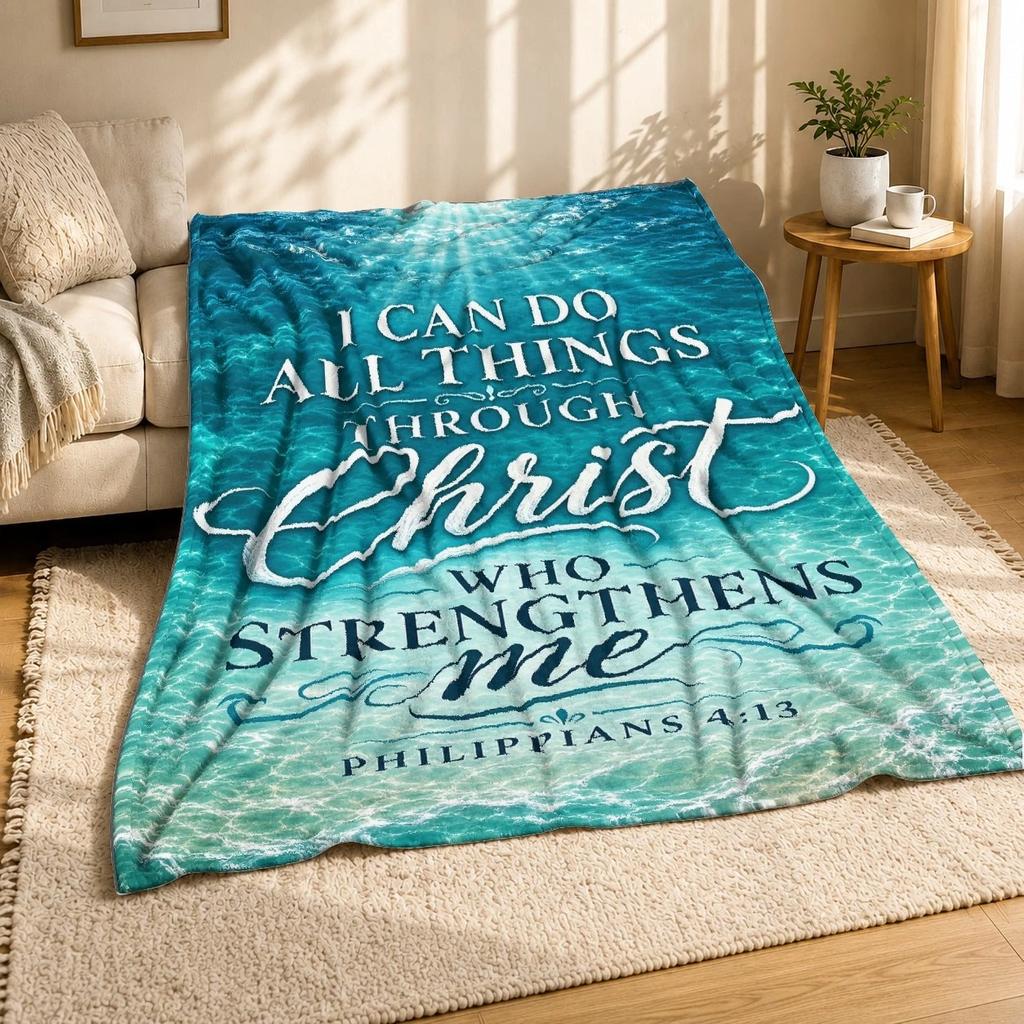 Christ Strength Quote Coral Fleece Blanket Christian Faith Decor