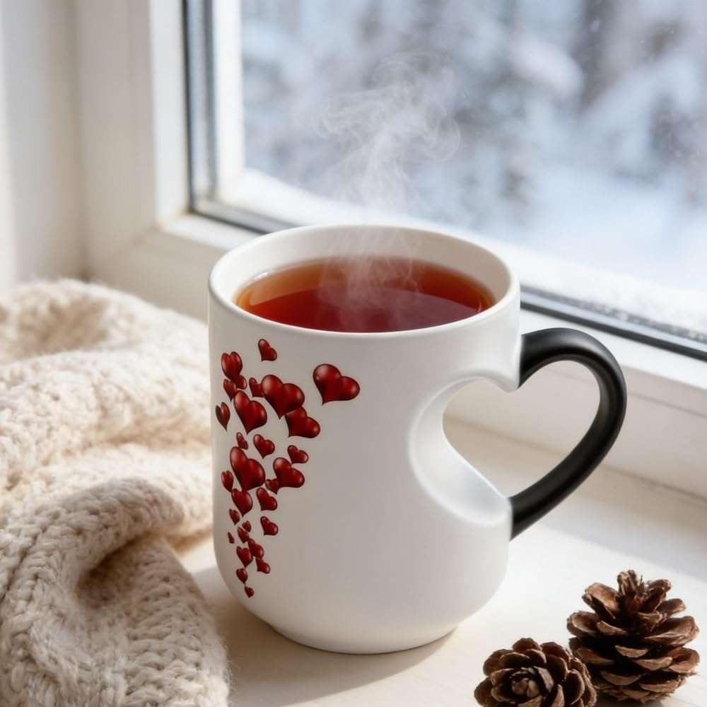Ceramic Material Heart-Shaped Mug Red Hearts Pattern Thermochromic Mug Magic Ceramic Cup  Gift Idea