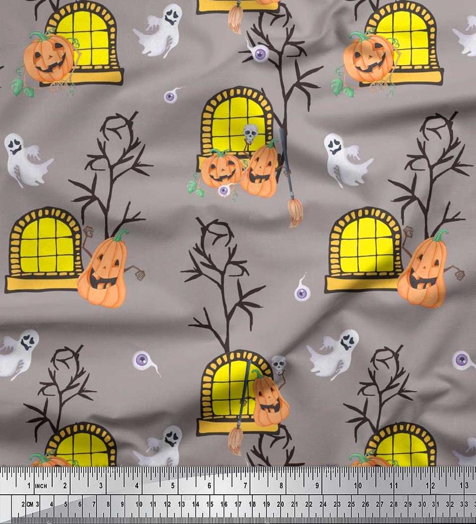 Soimoi Japonská krepová saténová látka Strašidelný dům, Dýně a Duch Halloweenská tištěná látka 1 metr 42 palců
