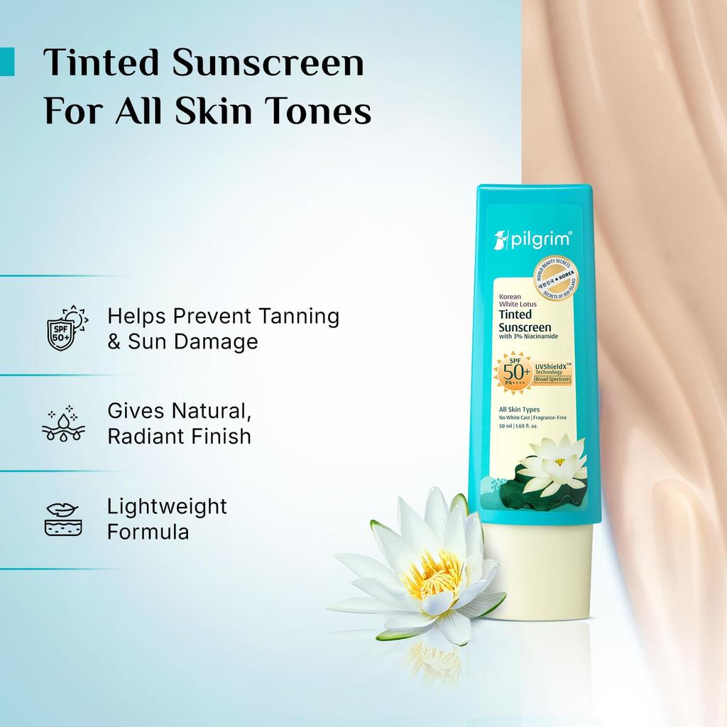 Pilgrim White Lotus Tinted Sunscreen SPF 50+ PA++++ with Niacinamide 50ml Lightweight No White Cast