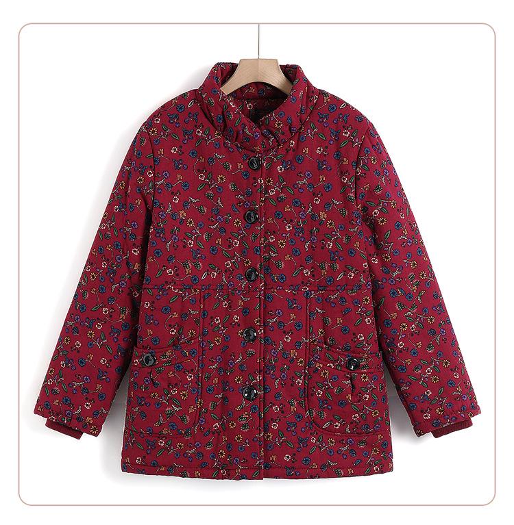 Pure Cotton Jacquard Jacket - Fleece-Lined Winter Coat for Middle-Aged and Elderly Women