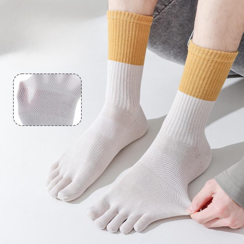 Men's Autumn Cotton Mid-tube Sweat-absorbing, Odor-proof, Mesh Breathable Men's Socks, Color-matching Casual Five-finger Socks