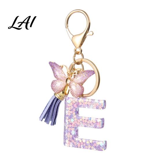 Durable Keychain Charm Purple Series Pendant Sequins Star Initial Letter Key Chain with Butterfly Tassel Design A-Z Holder for Bag Purse Backpack E