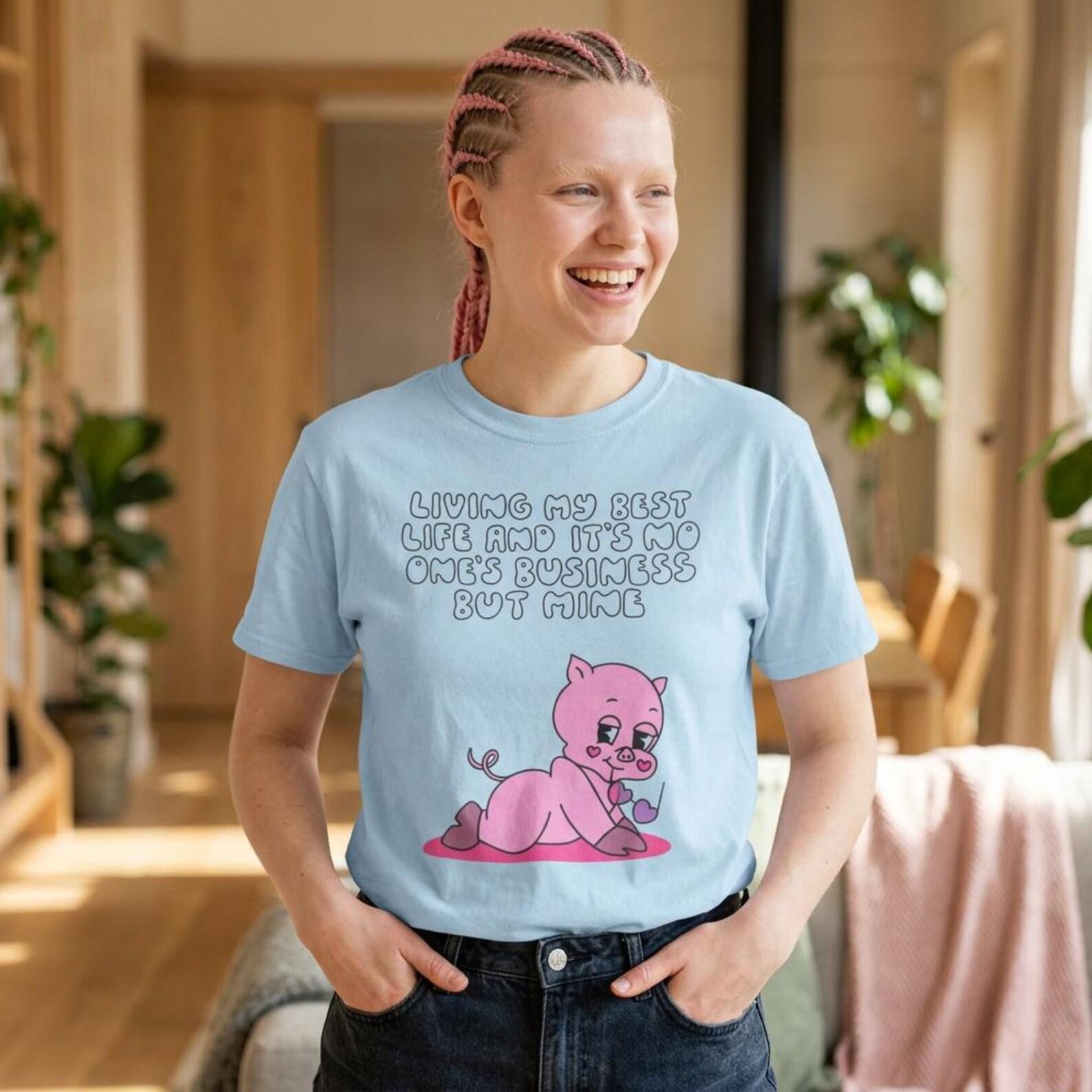 Pink Baby Pig Illustration T-Shirt | Cute Cartoon Pig, Playful Quote XL