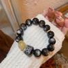 Silver Obsidian & Golden Rutilated Quartz Lion Bracelet with Natural Crystals