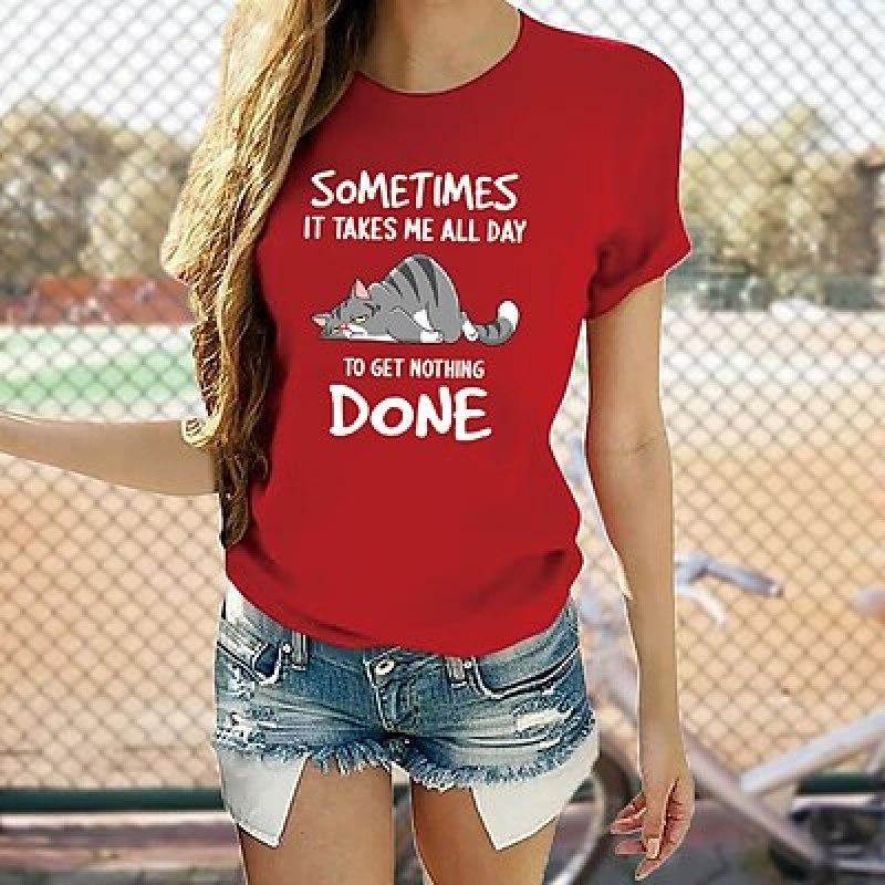 Dámské tričko Tričko Černobílé Růžové Kočičí potisk Krátký rukáv Denní Svátek Basic Kulatý výstřih Regular Fit Cat