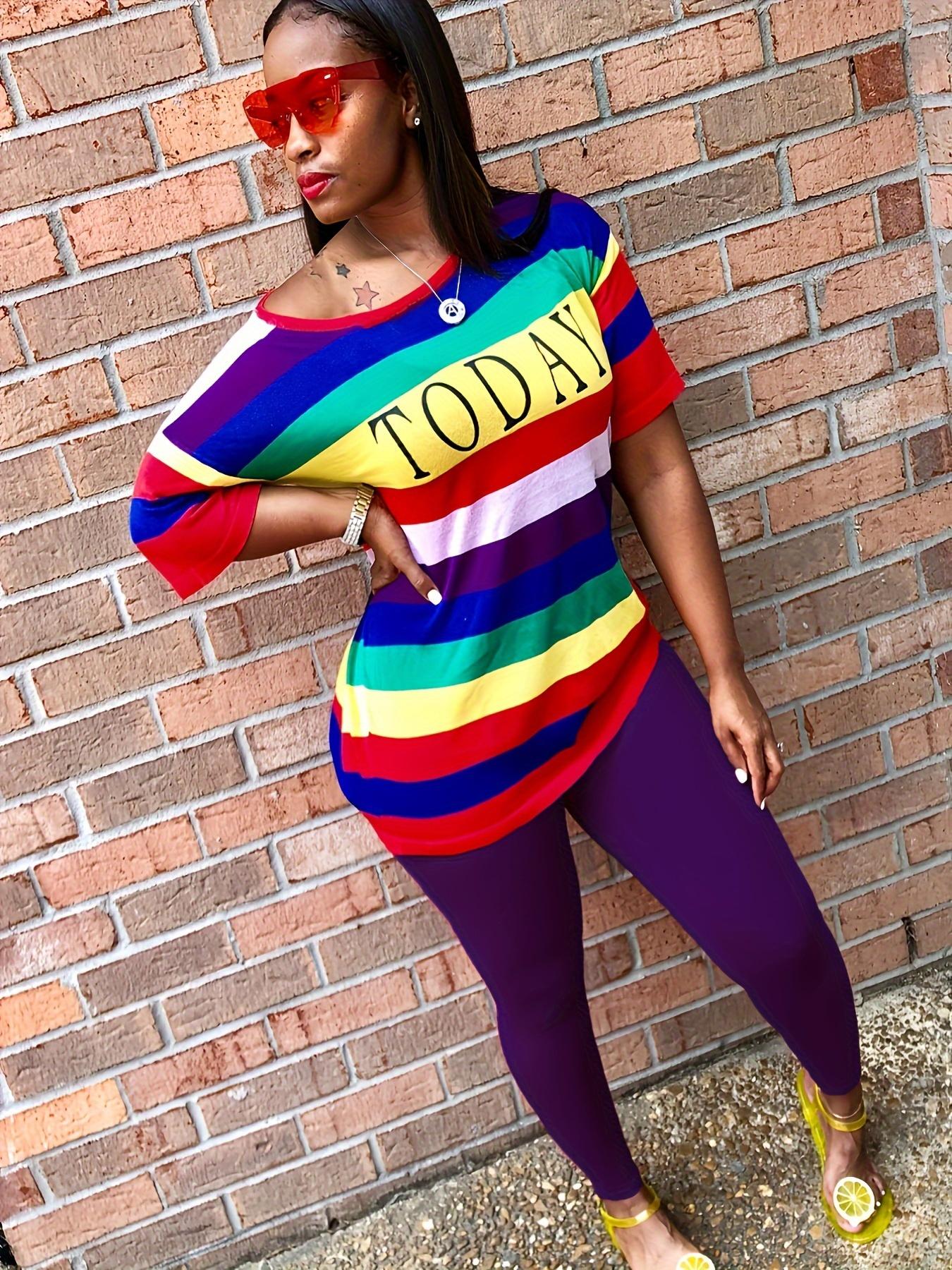 

Осенний модный спортивный женский комплект, футболка в радужную полоску с буквенным принтом, узкие брюки-карандаш, костюм из двух предметов, элегантный спортивный костюм XXL фиолетовый