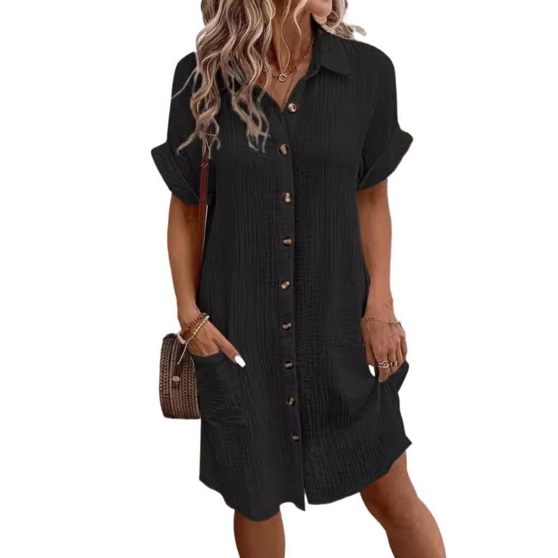Women's Fashion Summer Spring Solid Color Print Short Sleeve POLO-Neck Casual Dresses