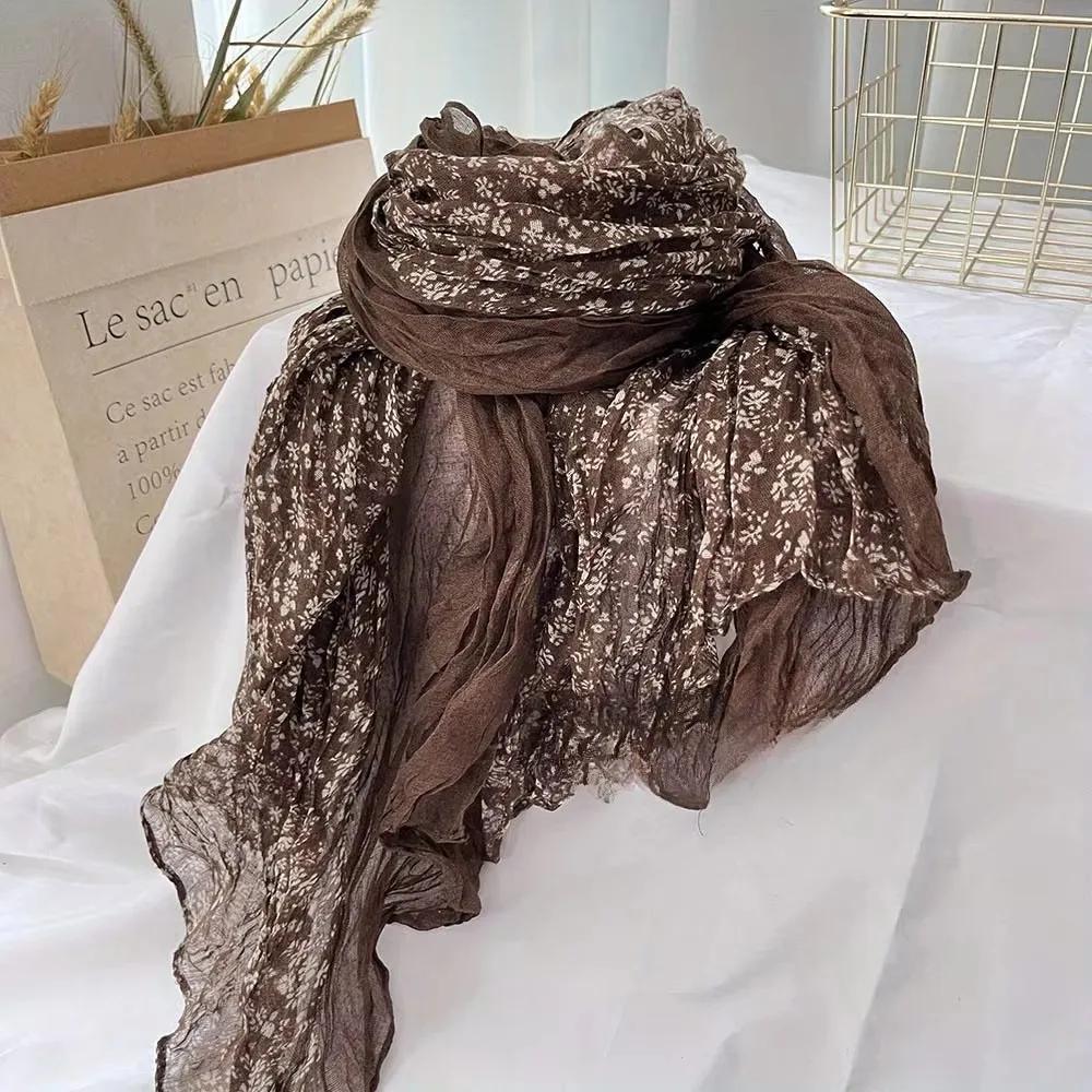 

New Spring and Autumn Retro Art Folded Thin Versatile Shawl Small Floral Scarf Cotton Scarf One Size
