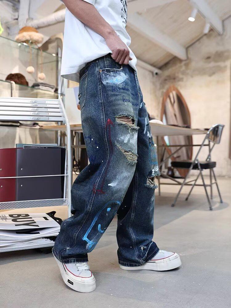Men's Graffiti Ripped Colorful Jeans - Straight, Loose Fit, Stylish and Trendy