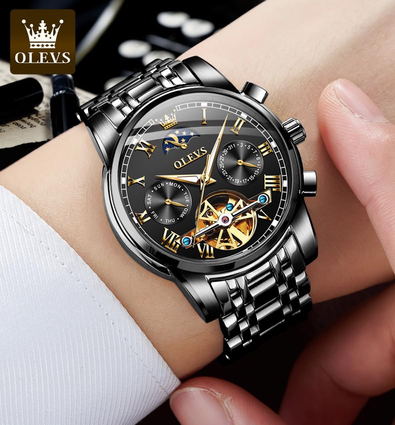 OLEVS Mechanical Automatic Watch with Moon Stylish Skeleton Luminous Hands Men's Phase, Design, Waterproof,