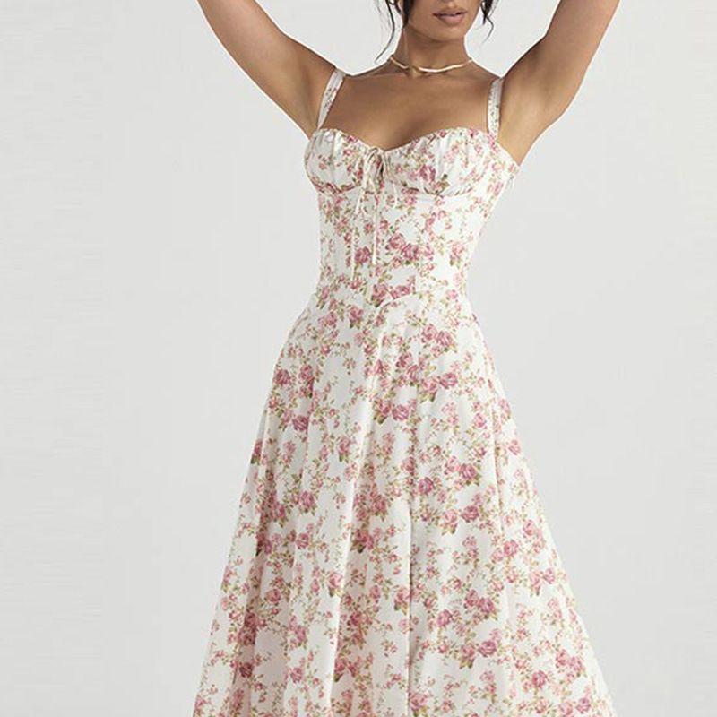 European and American Pastoral Style Sexy Square Collar Lace-up Small Floral Print Slim fit Puff sleeve Temperament High Slit Dress Women