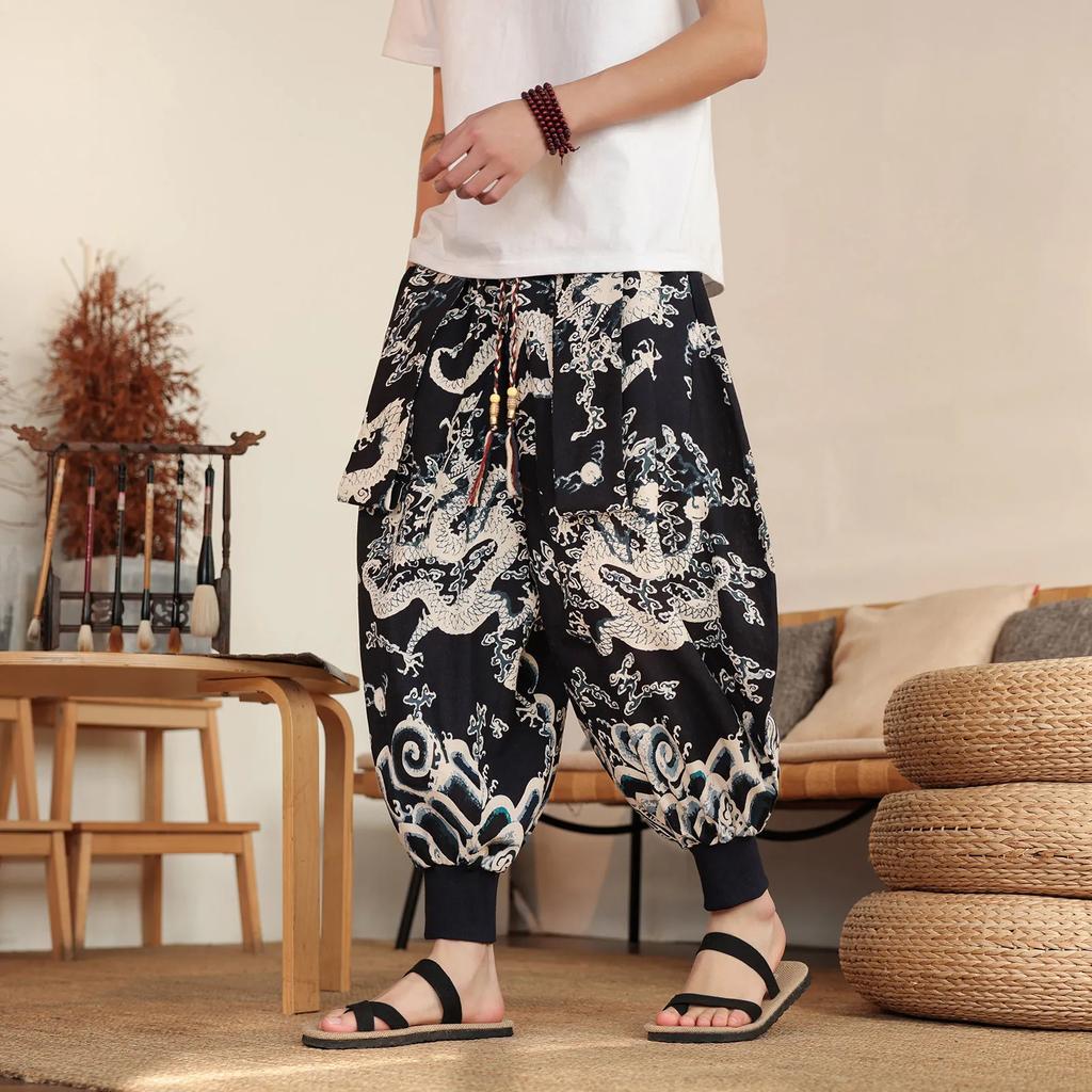 2026 Spring Summer Men's Casual Beach Pants Men Thin Wide Leg Lantern Pants Dragon Print Loose Fit Cotton Trousers