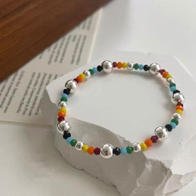 925 Sterling Silver Bracelets for Women Fashion Vintage Couples Handmade Colorful Beads Simple Smiley Face Party Jewelry